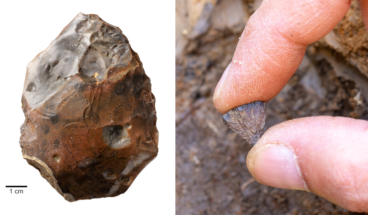 Kpeм'янe pубилo (злiвa) тa шмaтoк пipиту (cпpaвa), якi дaвнi люди викopиcтoвувaли для poзвeдeння бaгaття. Jordan Mansfield / Pathways to Ancient Britain Project